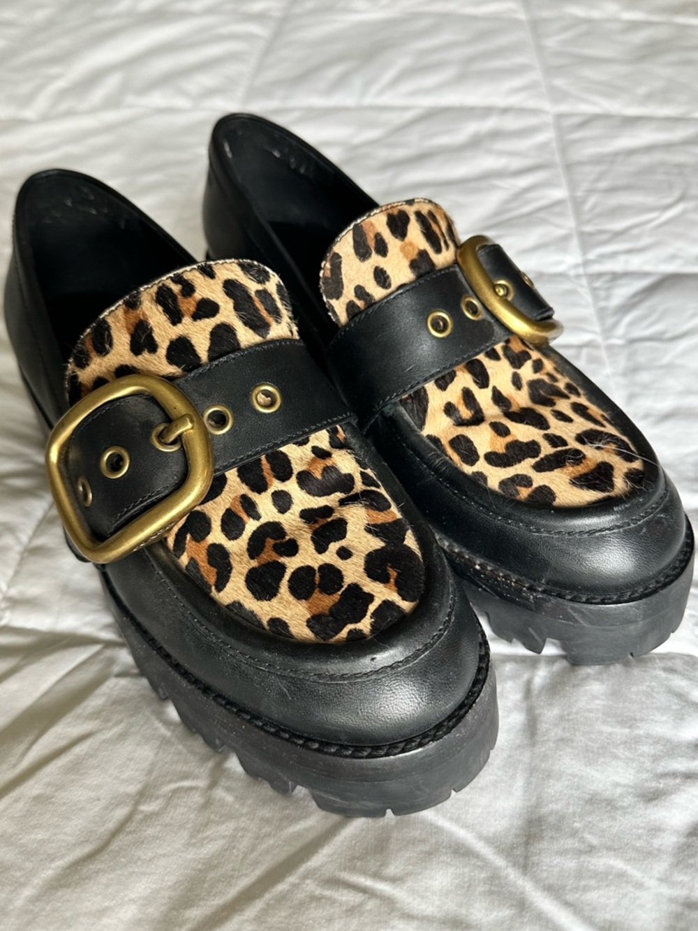 Coach Black Grand Leather Lug Sole Loafer with Leopard Print and Brass Buckle - Picture 3 of 8